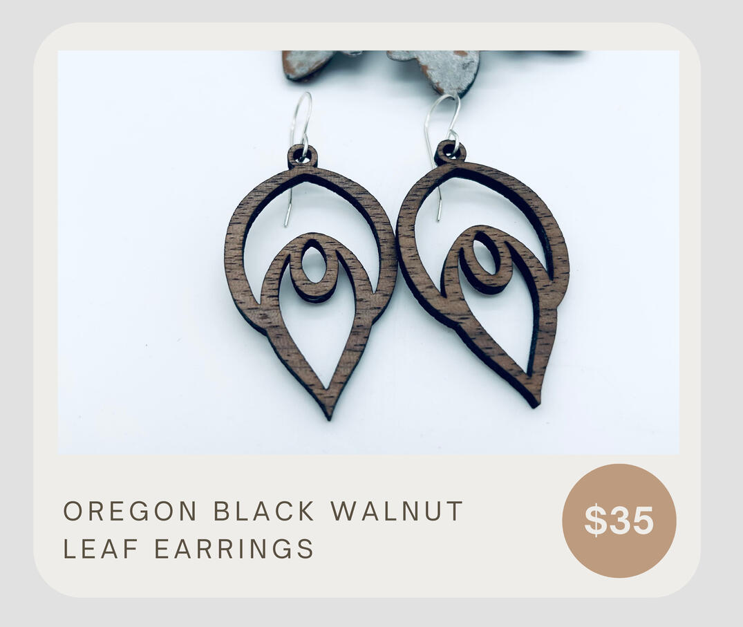 These are beautiful earrings made from locally sourced Oregon Black Walnut. They are lightweight, yet sturdy and give a natural vibe. The beautiful wood grain and classic leaf inspired design will make you feel sophisticated and trendy!