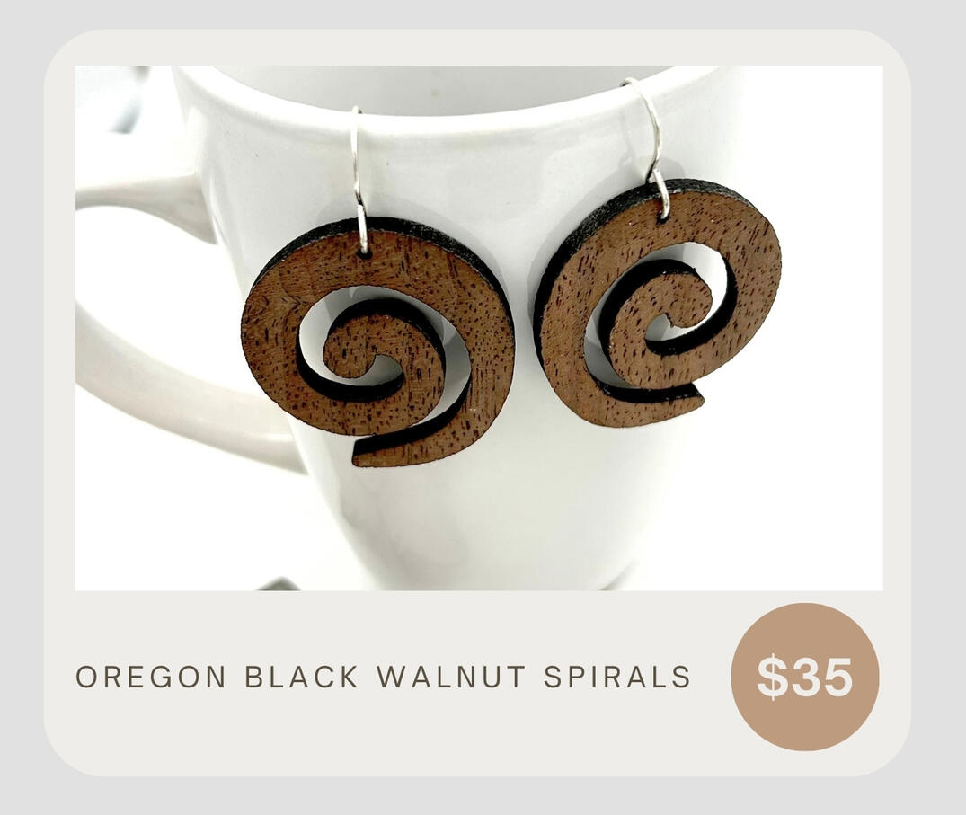 Chunky Oregon Walnut spirals, lightweight and eye-catching! These tribal spirals are about 1 1/4" wide by 1 1/2" tall.