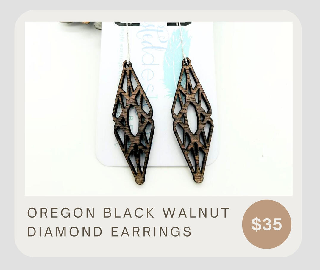 Laser cut Diamond shape earrings made from Oregon grown Black Walnut &amp; sterling silver ear wires.