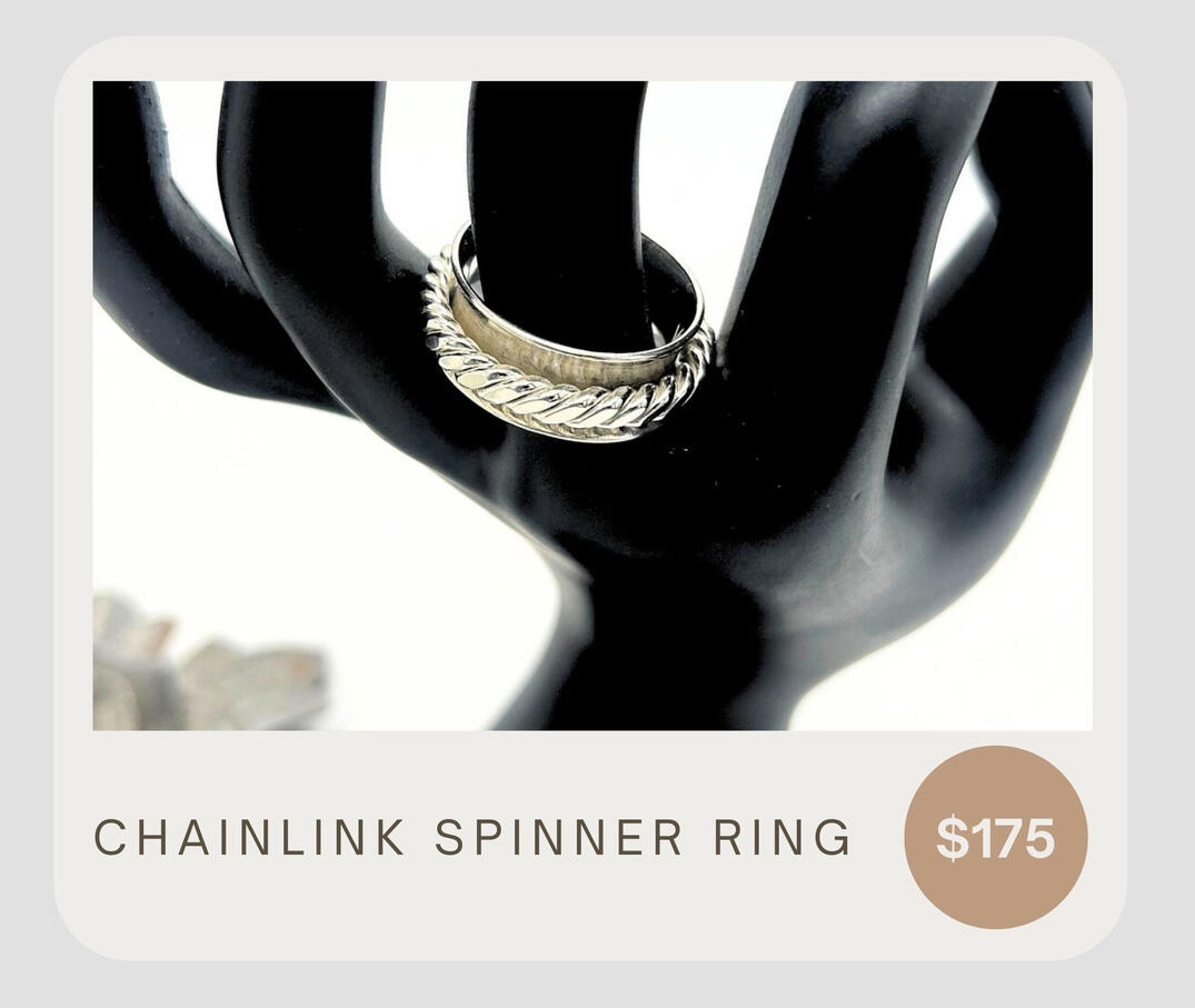 Chainlink spinner ring. A beautiful calming wideband fidget ring! A fun piece of jewelry that will keep you moving and dispelling anxious energy! Handmade .925 sterling silver interlaced wire chain spinner on a flared wide band Size 8 or made to order!