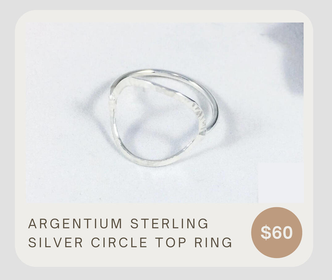 Beautiful Argentium sterling silver circle top ring. Lightly hammered - minimalist. Top circle measures approximately 3/4” in diameter. Can be dressed up or worn casually on the daily!