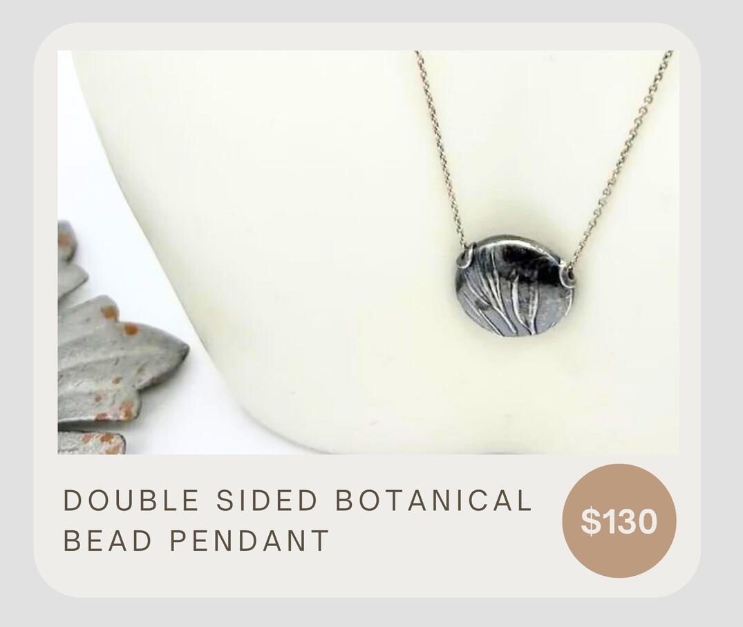 This necklace features a fine silver handmade bead pendant made from real plant impressions. Complete with a sterling silver chain & clasp.