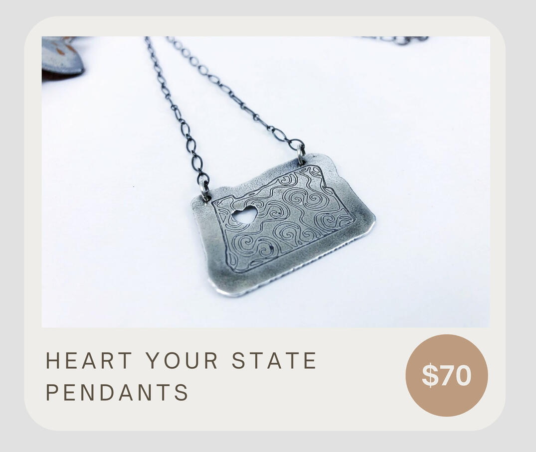 For the love of Oregon necklace. Featuring a swirling circular pattern on the front of Oregon with a heart cutout where Portland resides. Pendant can be personalized to represent your state!